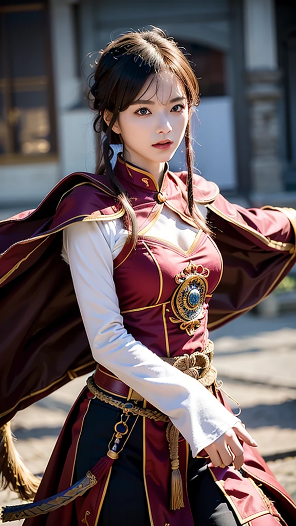 (Best quality), (Masterpiece), bel homme, Lu Bu, corps parfait, (visage parfait, ratio facial parfait, poils topknot) (Wearing ancient armor of Chinese warriors, Style Youxia, Longue cape rouge), (Holding a double-edged longsword, Chinese sword), (Pose de combat dynamique, detailed anatomy, Meilleure anatomie), (dark lighting, mouvement dynamique, high saturation, 8k resolution), (Angle dynamique, Foggy and smoky environment, Contexte du champ de bataille)
