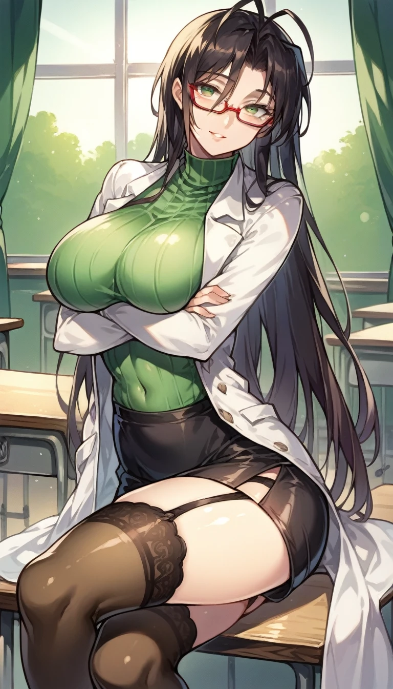 score_9, score_8_up, score_7_up, source_anime BREAK 1girl, solo, cowboy shot, detailed background, chisato sdxl, black hair,  long hair, green eyes, glasses, red-framed eyewear,  ribbed sweater, green sweater, thighhighs, turtleneck, lab coat, covered navel, garter straps, miniskirt, black skirt, large breasts, seductive smile, classroom, sunlight, indoors, mature female, on table, sitting, crossed legs, crossed arms,