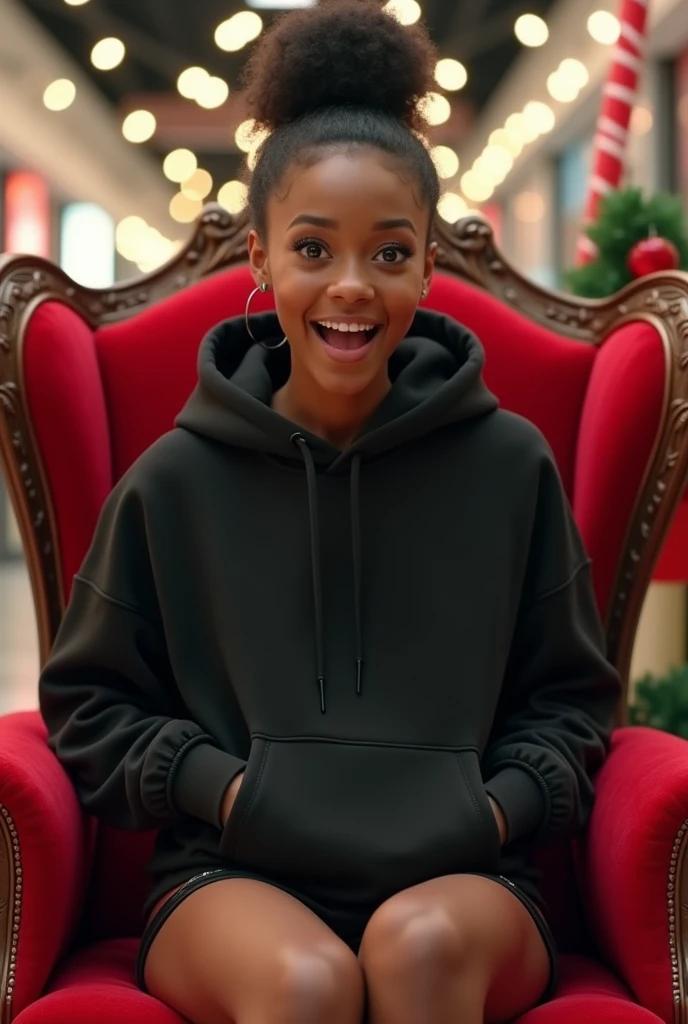 Black woman wearing leather short shorts and black hoodie hair in a bun setting on santas lap in the mall. The look on her face is eyes wide open and excited