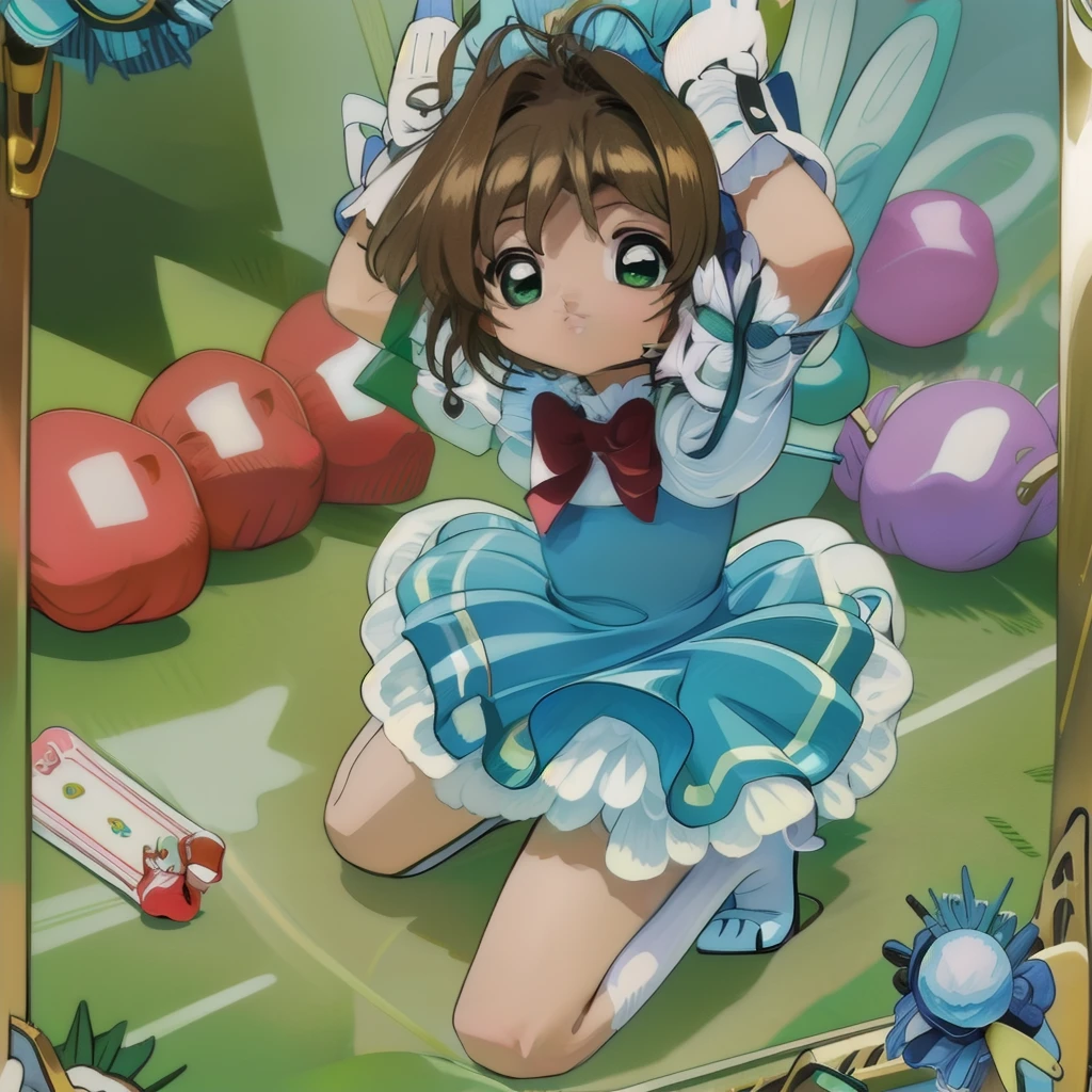 Sakura Kinomoto(Card Captor Sakura) ,naked, panty,open both legs,arm behind head,flat chest,, squat exercise,whole body(from the top of the head to the toes),,female bodybuilding,1 girl(central photo).