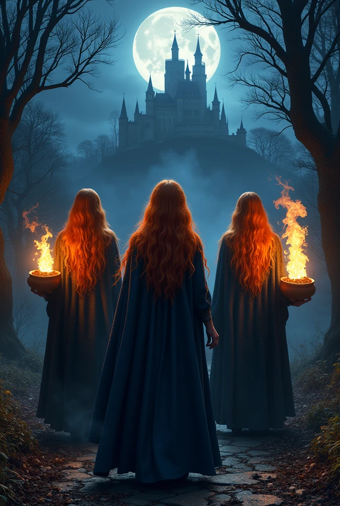 three medieval fire sorceress’, long transparent capes of black, blue, and indigo, long wild orange hair of different shades, each carrying a clay vessel with a burning coal, dark night with piercing moonlight illuminating a forested path leading to a castle on the hillside