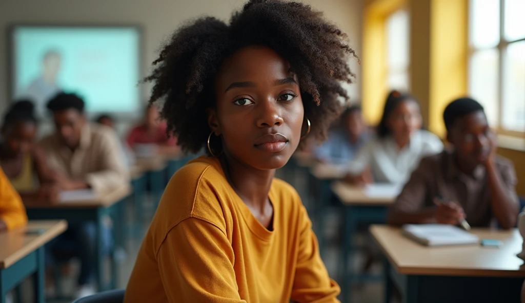 20 year old sexy Nigerian female university student in a classroom with her colleagues