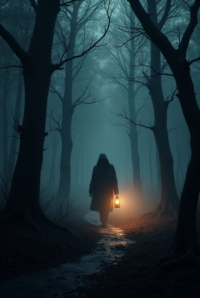 figure walking through a dark forest, holding a small lantern.