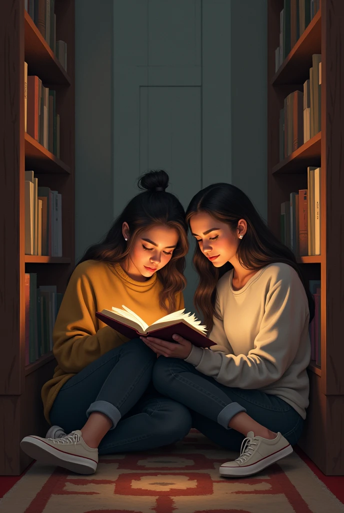 A silent library, with shelves full of books. Maria is reviewing a book with a friend