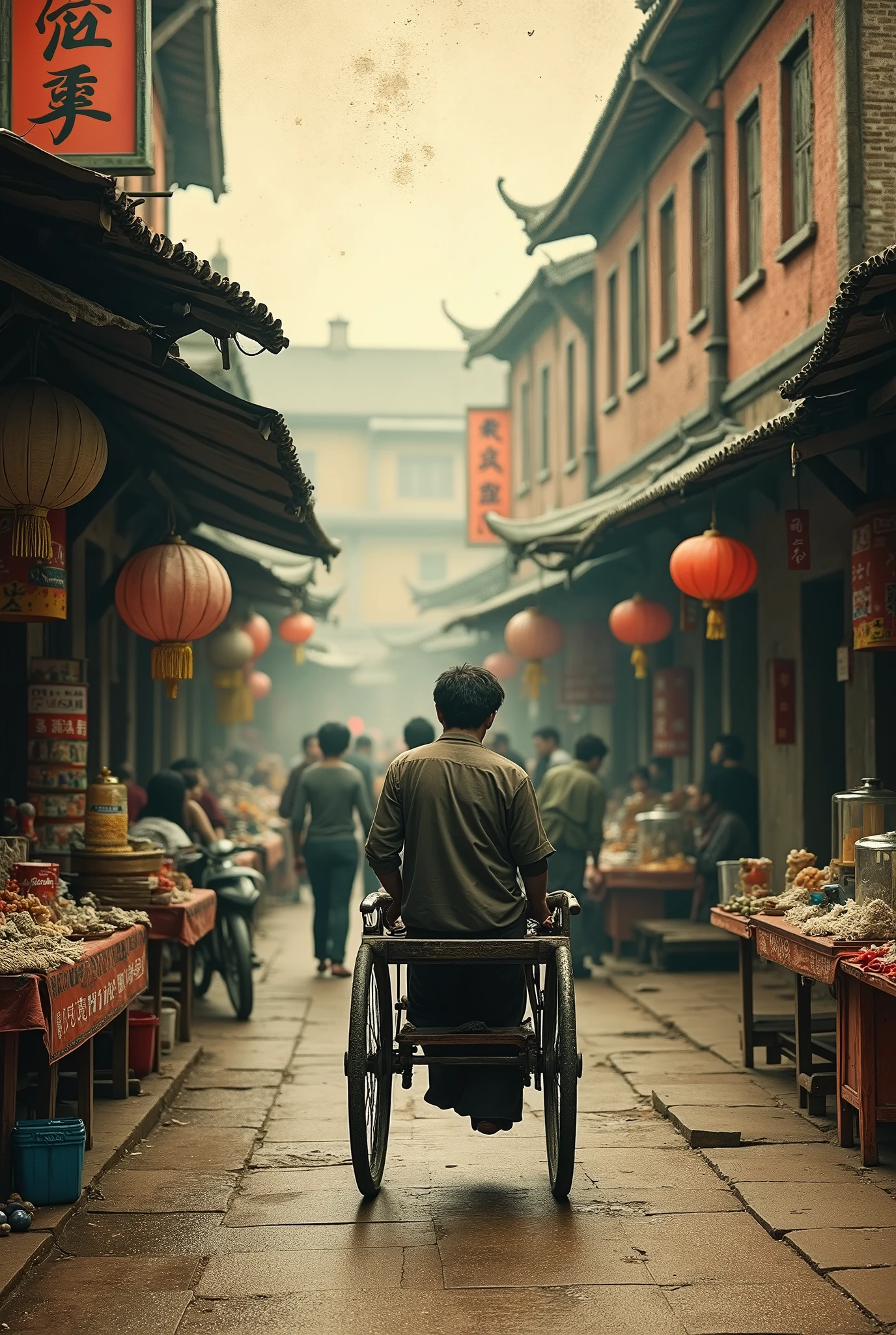 Photographie ancienne usée. Scène de vie. Pousse-pousse dans une ville provincial Canton en Chine dans les années. Symbole de la pauvreté asiatique. Ruelle agité. Marchés. Stand. Écriture chinoise. Pancartes.