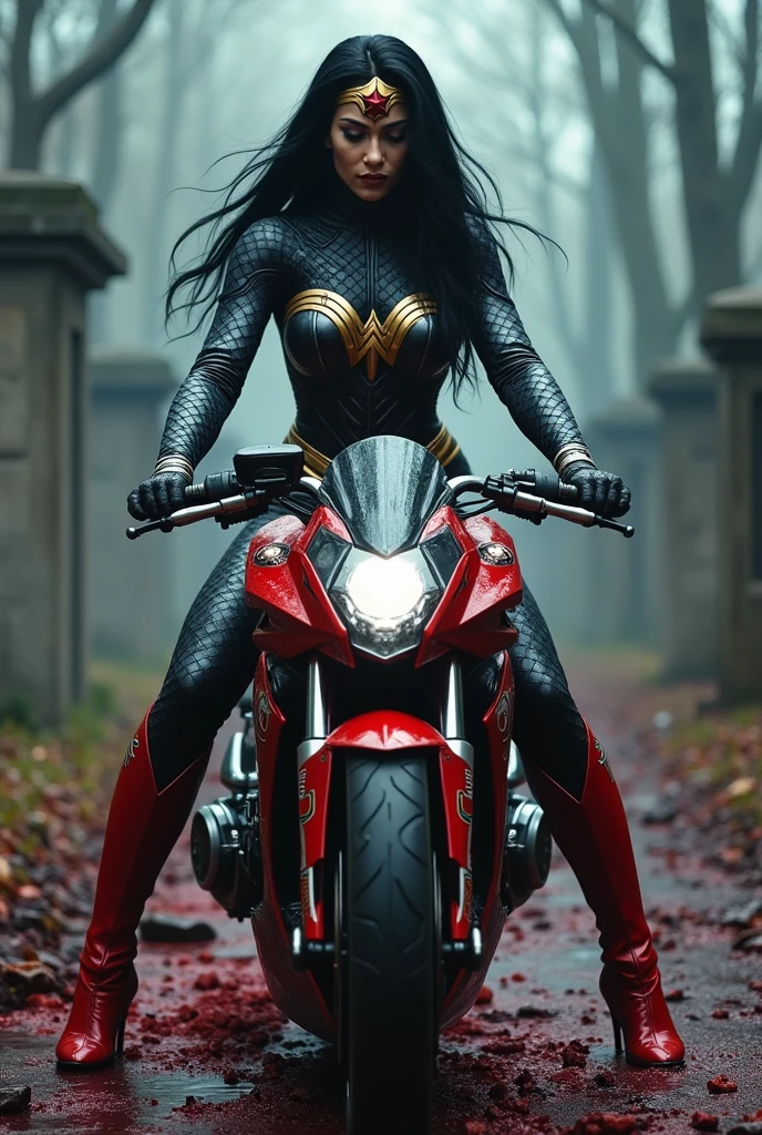 (((A beautiful woman riding a futuristic high-powered motorcycle (((Burnt black one-piece suit with scales that covers the entire body))),(((Red and blue Wonder Woman corset)))Long black hair Silver metal diaema with a red star on her forehead Long silver bracelets Long red boots up to her knees Blood around her (((cursed cemetery))),(((Bloody and terrifying images of a high-displacement red motorcycle with Wonder Woman logos)))