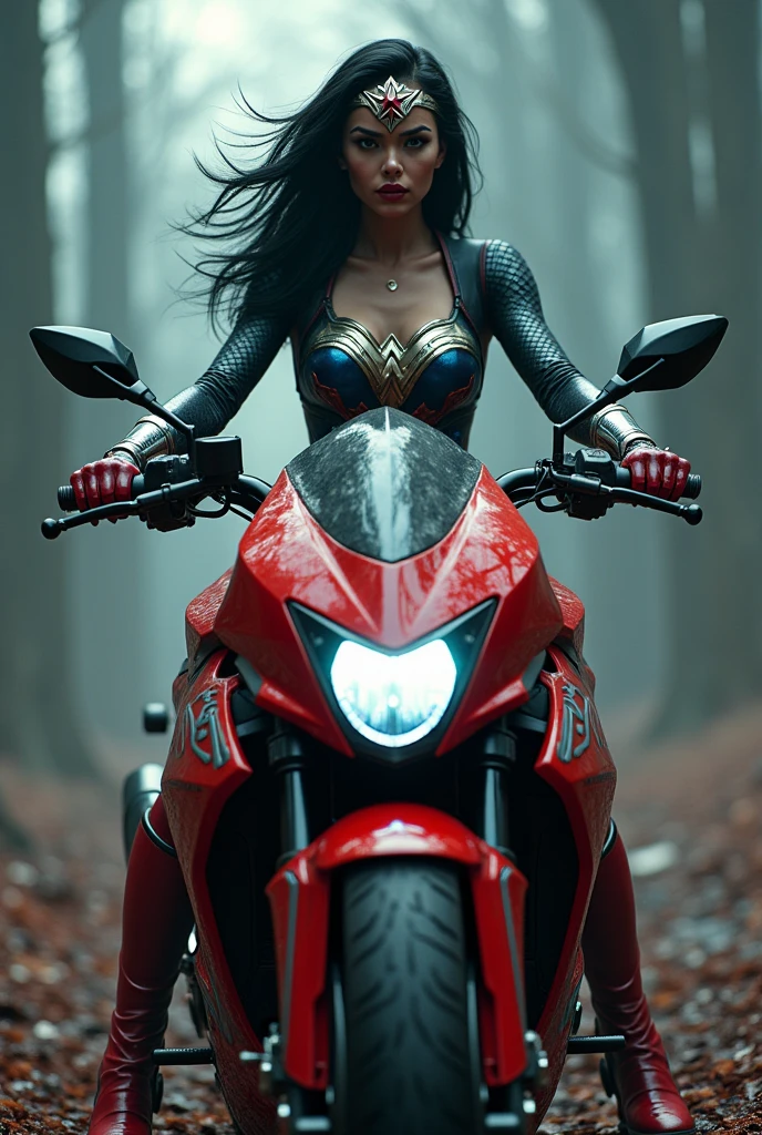 (((In extreme close-up, a beautiful woman riding a high-powered futuristic motorcycle (((Wonder Woman blue scale one-piece suit that covers her entire body))),(((Red corset Wonder Woman black hair tied in a ponytail in braid (((hair six feet long blowing in the wind))) Silver metal diaema with a red star on its forehead Long silver bracelets Long red boots above its knees Blood around it (((cursed cemetery))),(((Bloody and terrifying images of a high-displacement red motorcycle