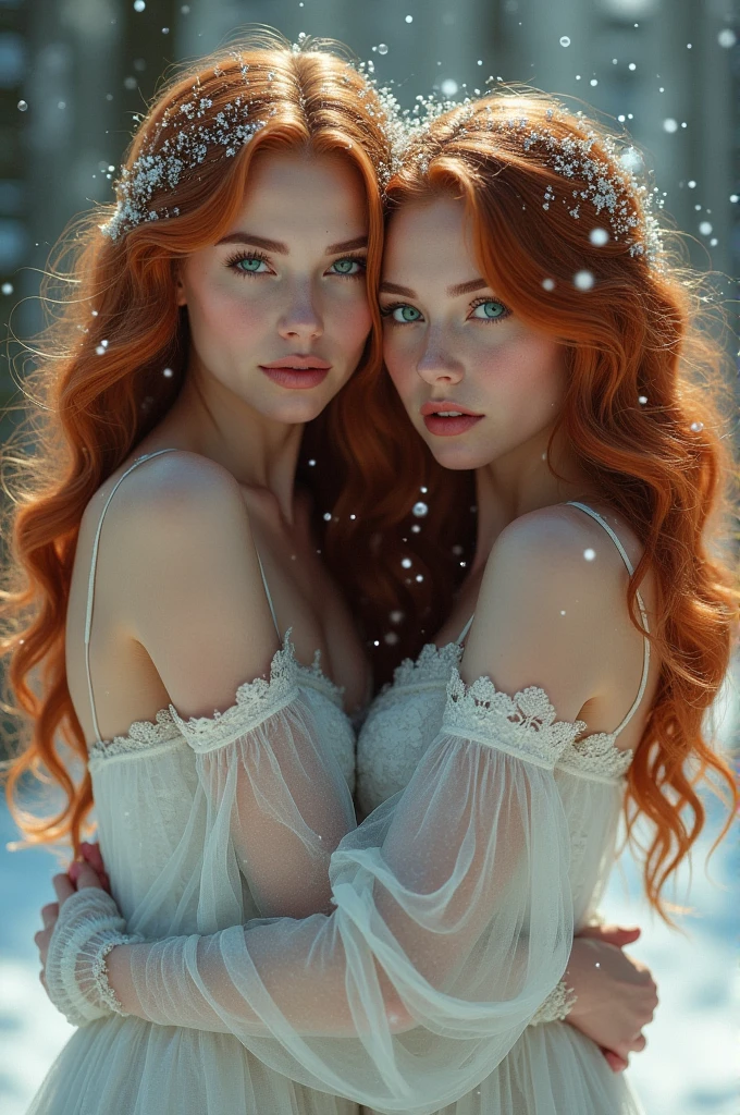 Sexy 2 woman with auburn hair and emerald green eyes, in the middle of the snow while snowflakes fall in her hair