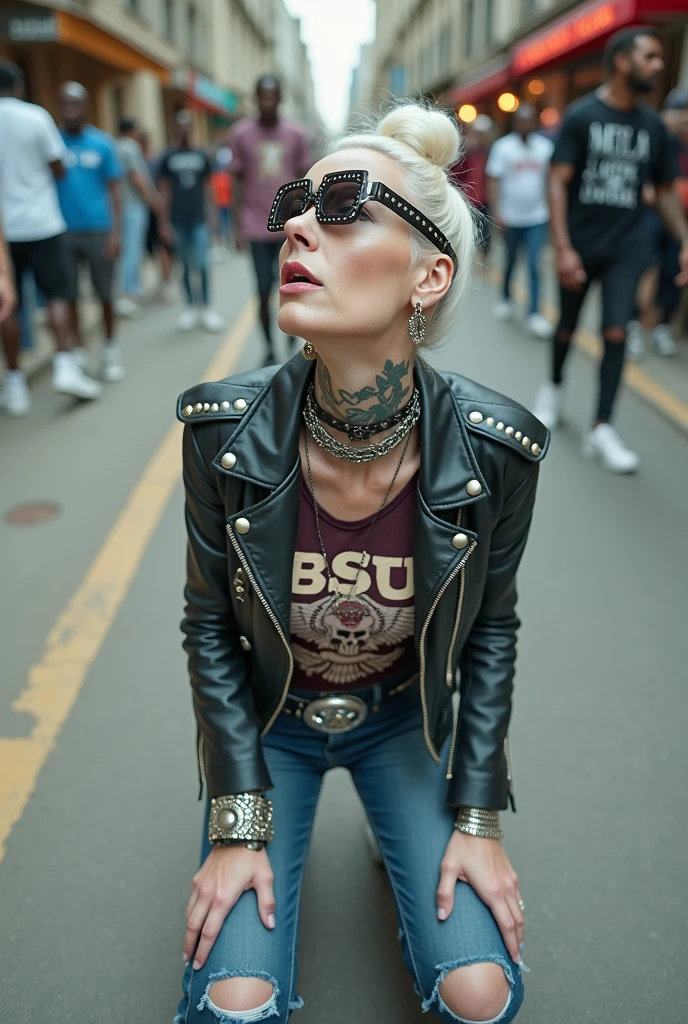 russian old milf woman, , blonde platinum hair (beehive bun) and oversized square sunglasses as headband), with very light green eyes, extremely pale. No tan. Wearing studded aged cropped black moto jacket (zippers on the side). dark burgundy push up t-shirt with skull and wings logo and gothic lettering,, dark skinny low rise blue jeans with holes on knees (white cotton visible). White tennis sneakers. Lots of thick wide studded bracelets, chain collars and big rings. Tacky wide studded leather belt with big eagle oval buckle. Long earrings with chains. Kneeling and looking up at the sky, stretching her neck, open mouth. Hands on knees, Toned abdominals, thin neck, slim legs and thin arms. Narrow hips. Heavily tattooed in colour on chest, hands, neck and arms. Crowded street of Nairobi