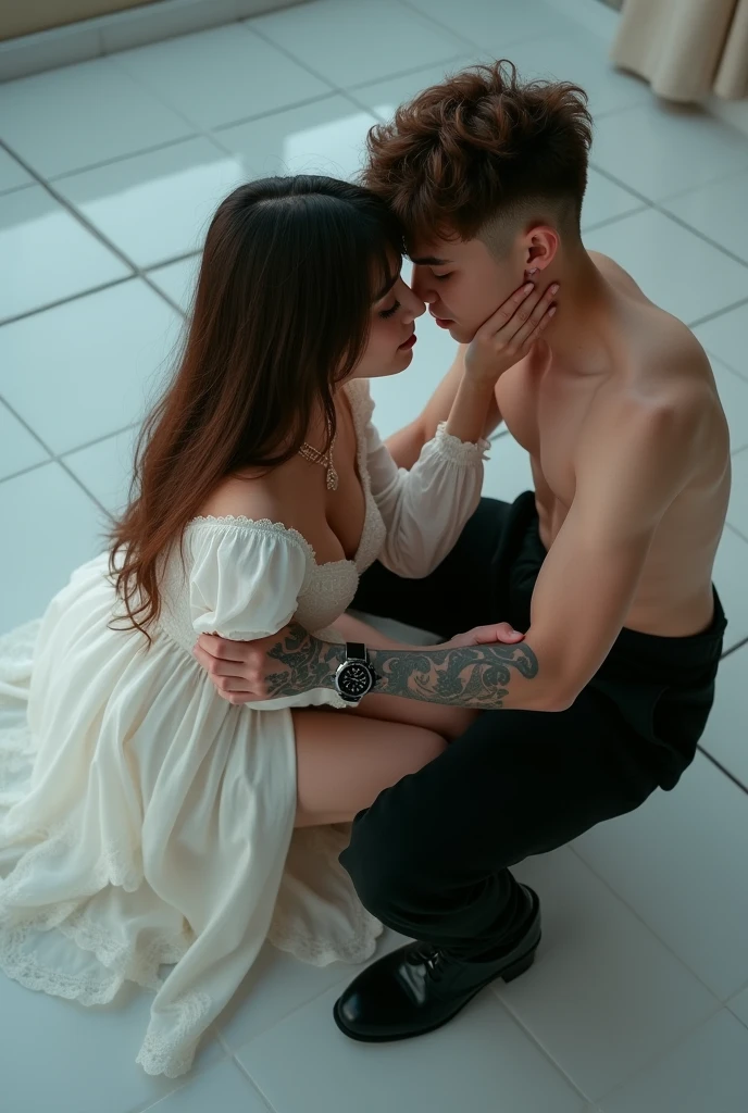 create images, angle shown from top to bottom, A woman young, 20 year, Kennedy Walsh, Caucasian skin, freckles, very long brown silky hair with curtain style bangs, wearing an ornate white dress, with long puffed sleeves, neckleace, fallen on the shoulders, staring overhead, in front of her there is a man, and you can see him wearing black pants with volume, black men's boots, holding her face, hand tattooed with an expensive watch. She's crouching in front of him, on a white tile floor. evening mood
