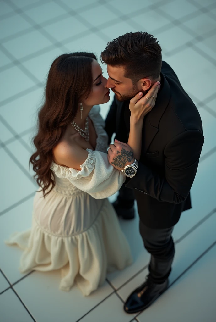create images, angle shown from top to bottom, A woman young, 20 year, Kennedy Walsh, Caucasian skin, freckles, very long brown silky hair with curtain style bangs, wearing an ornate white dress, with long puffed sleeves, neckleace, fallen on the shoulders, staring overhead, in front of her there is a man, and you can see him wearing black pants with volume, black men's boots, holding her face, hand tattooed with an expensive watch. She's crouching in front of him, on a white tile floor. evening mood