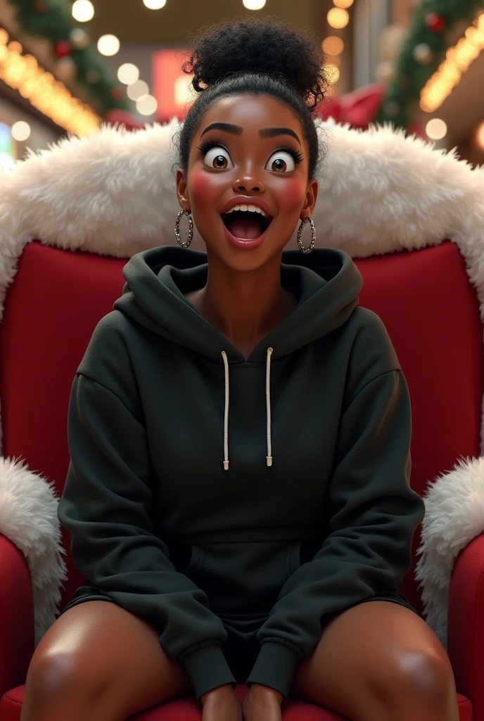 Black woman wearing leather short shorts and black hoodie hair in a bun setting on santas lap in the mall. The look on her face is eyes wide open and excited
