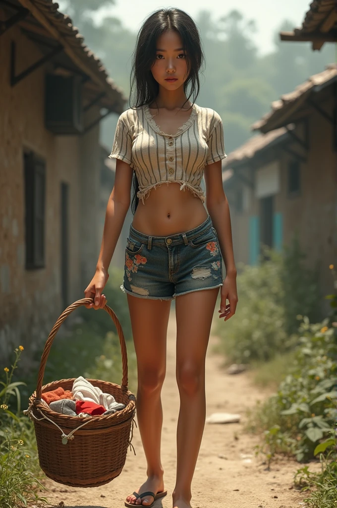 make a photo of an 1 village girl wearing a shabby striped t-shirt with a short tight knee-length skirt with floral motifs, her body is straight, her breasts are sticking out, her stomach is flat, her waist is slim, her hips are wide, her buttocks are big, her thighs and calves are beautiful and dense, wearing sandals pin, carrying a basket of clothes beside him