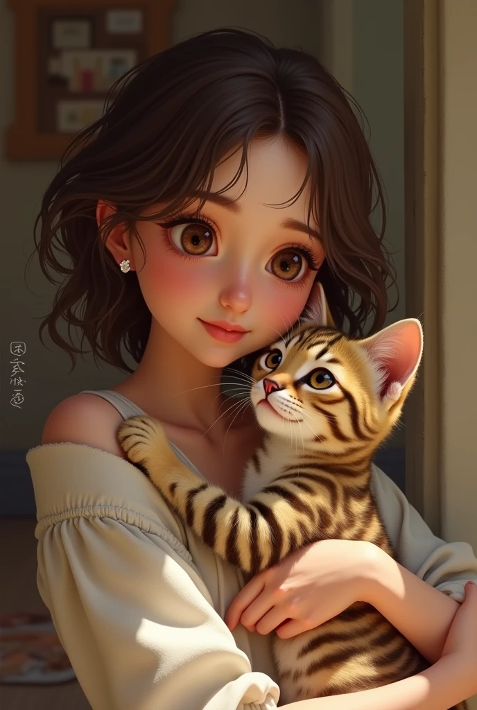 A short young woman with brown wavy hair and brown eyes and pearly skin tone cuddling with a striped male kitten with an M on the kitten's forehead