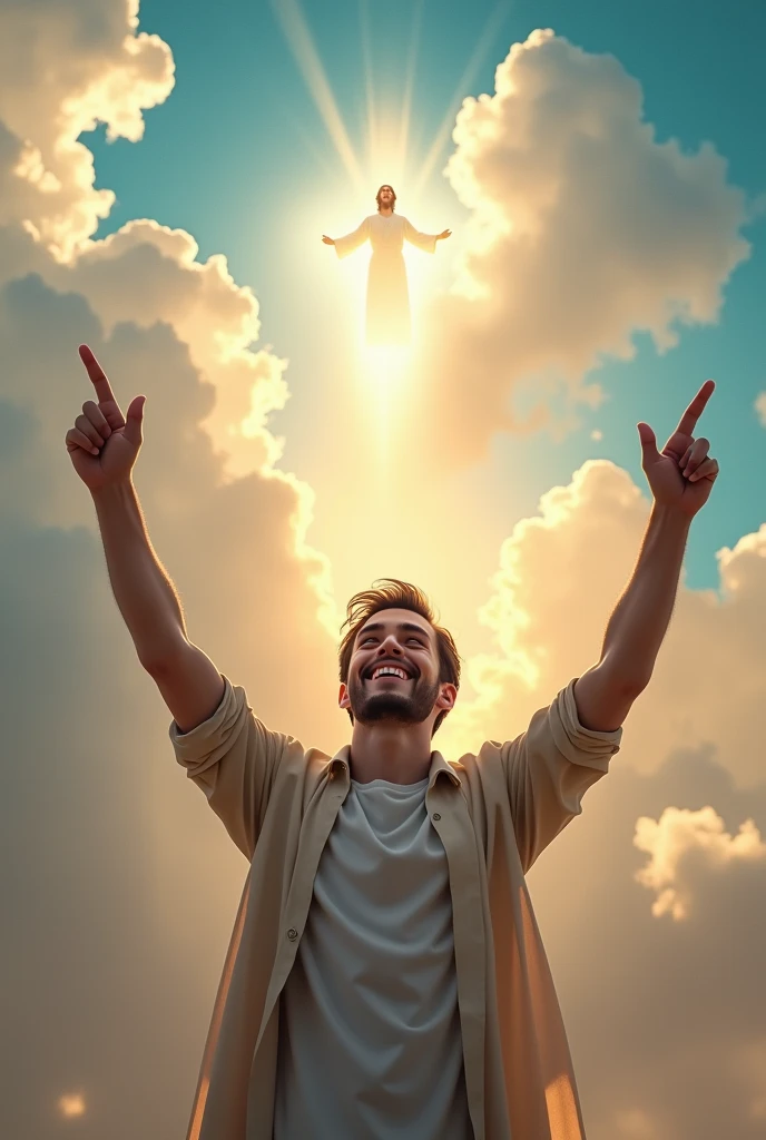 (photorealism:1.2), (8k) a young man pointing to the sky looking happy and jesus looking from the sky