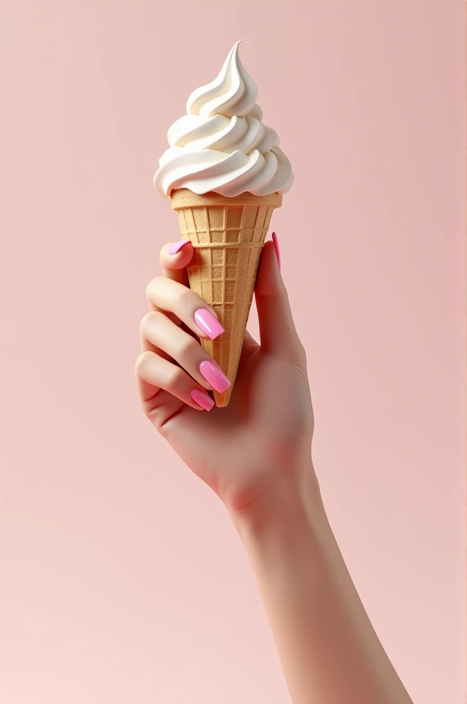 female hand with pink manicured nails holding an empty realistic ice cream cone without ice cream
