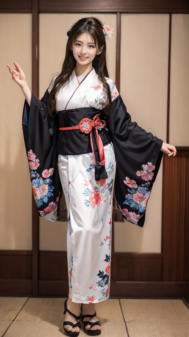 (SeaArt creates stunning illustrations of beautiful women in kimono)、Vividly colored Japanese Ukiyo-e style illustrations、A beautiful woman smiles and shows her upper white teeth、Brown-black long hair、Beautiful full body style、If you want to dance, let&#39;s dance, Tokyo Ondo, Yoi Yoi、Beautiful new digital paintings,、Bright vibrant digital anime art、 Beautiful anime portraits、background,Japanese shrine torii gate front、 Detailed digital anime art、