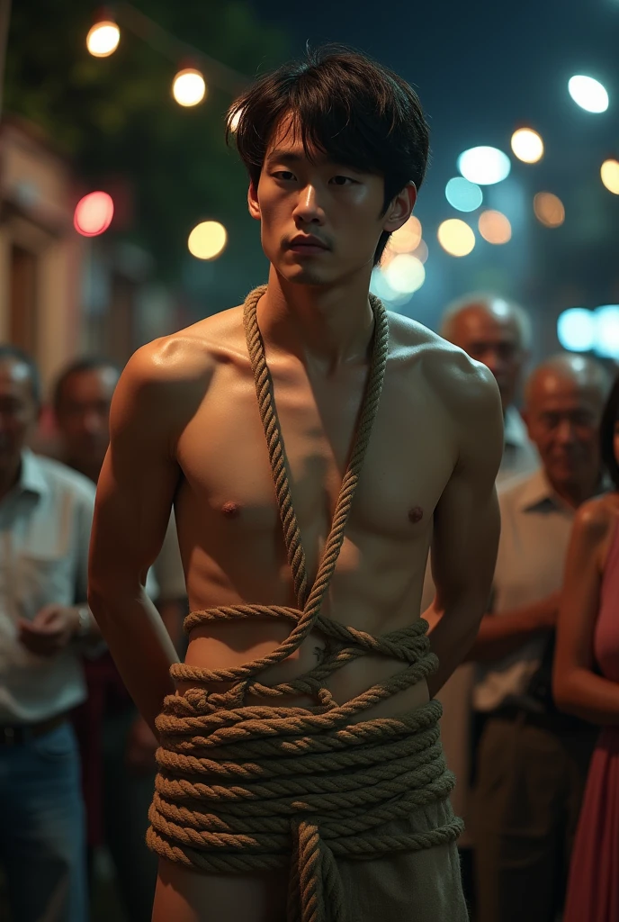 1boy、Handsome Men、Japanese male, 、Completely naked、Full nudity、erection、Huge penis、Highest quality、Realistic、beautiful、Sad look、 ((((Completely tied up with rope)))), ((((A very tight rope is crisscrossed over the chest)))),(((Body bound with tight rope)))、whole body、Surrounded by old people、night、Dim lighting、Summer festival