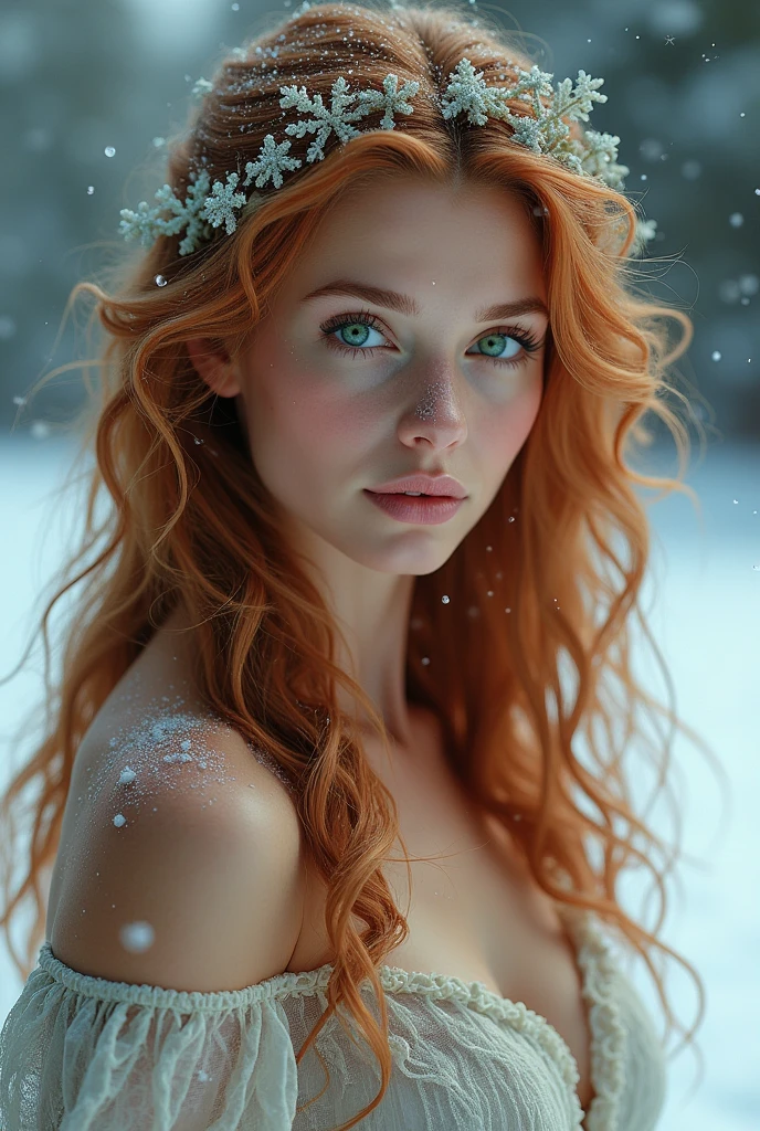 1 Sexy 2 woman with auburn hair and emerald green eyes, in the middle of the snow while snowflakes fall in her hair