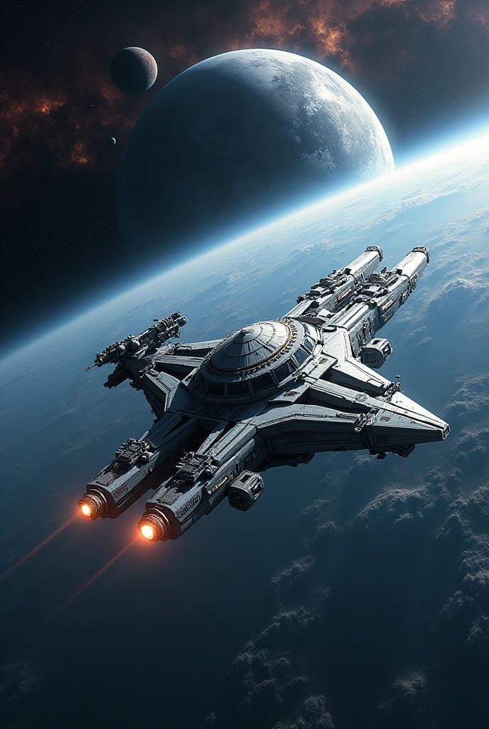 A creation depicting a space station orbiting a planet in the vacuum of space