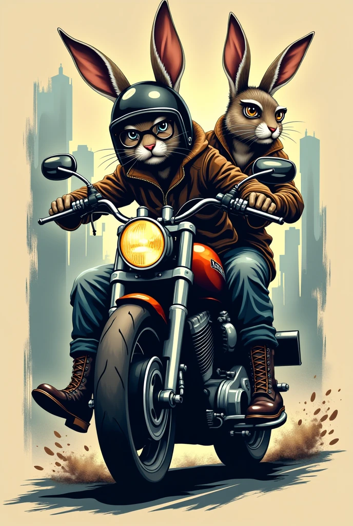 Create a logo with a motorcycle and two biker rabbits, one of them with a helmet with his ears sticking out of the helmet and a vest, another that is female with glasses, vest and boots, that they look a little more aggressive