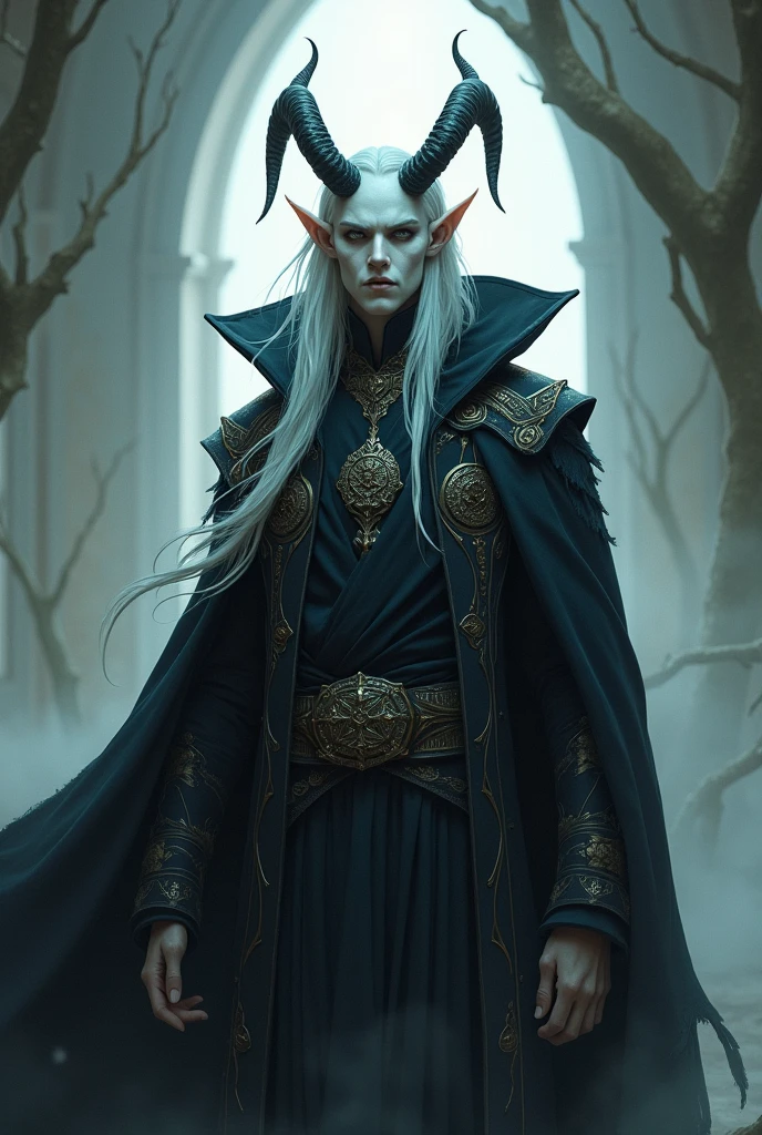 A role-playing character who is a wizard, He is a tiefling man with very pale white skin who resembles Ichigo Hollow., he seems to be very slim, has horns, wears clothes that remind you of a wizard 