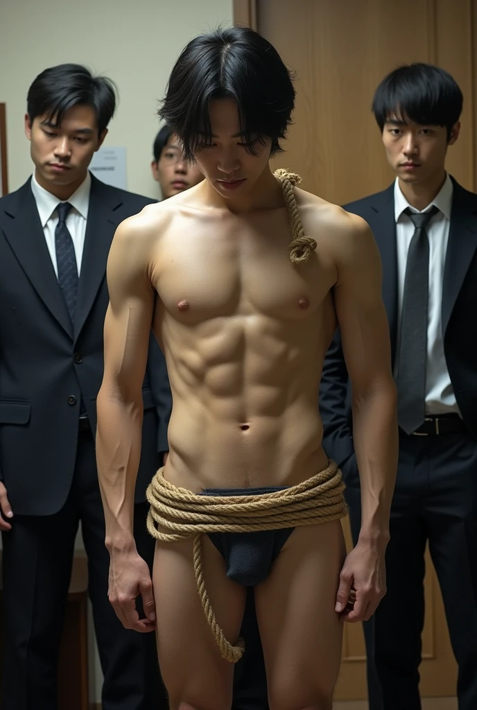 1boy、Handsome Men、Japanese male, 、Completely naked、Full nudity、erection、Huge penis、Highest quality、Realistic、beautiful、Sad look、 ((((Completely tied up with rope)))), ((((A very tight rope is crisscrossed over the chest)))),(((Body bound with tight rope)))、whole body、surrounded by men in suits、Inside the office、erection