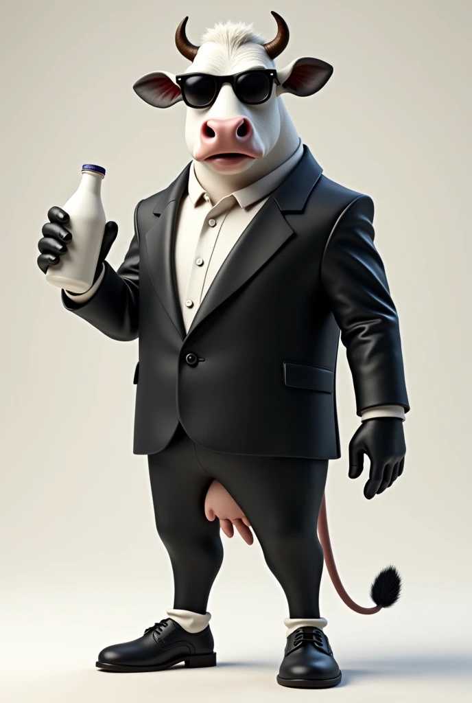 A white cow with black spots, Median, high, smiling, 2-legged stand, dressed in a black full-body suit with pants, has no udder, She doesn't have tits , with brown shoes, with black leather gloves, with black sunglasses, holding a bottle of yogurt in his right hand.