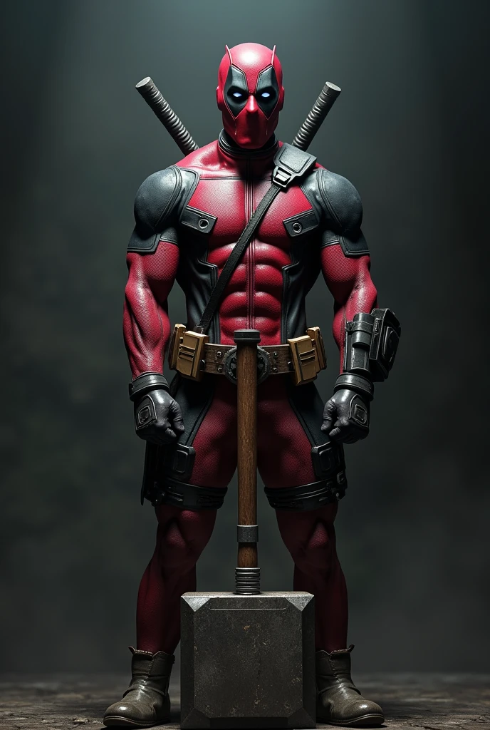 Muscular Deadpool holding Mjolnir, darkness background