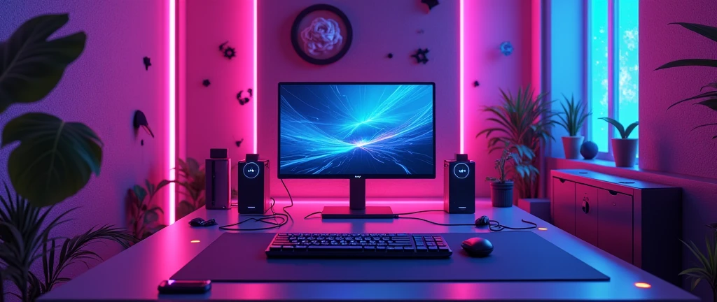 Create a high quality purple gaming room that is set for a laptop wallpaper (that is vertical)
