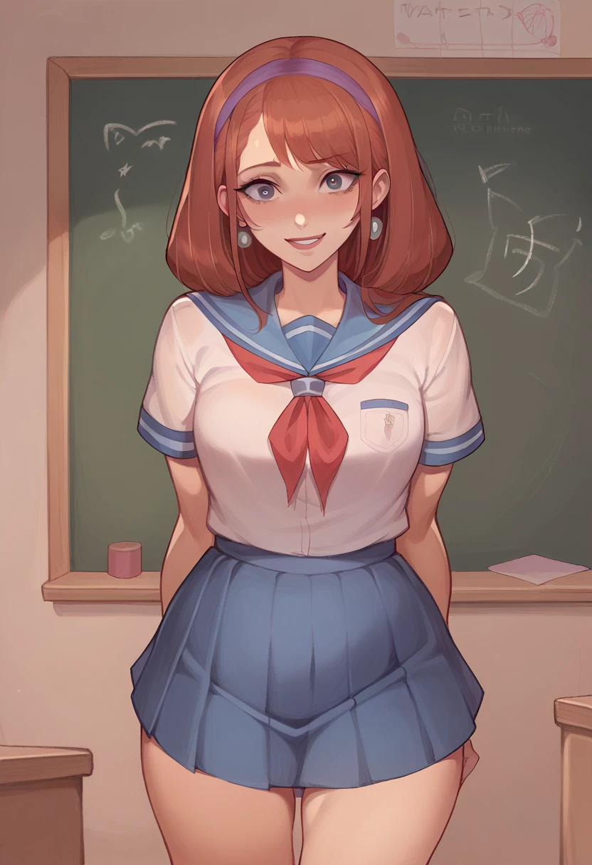 "A graceful high school girl standing in front of a classroom chalkboard, her school uniform impeccably neat. She has a serene smile and her hair styled neatly, her eyes bright and engaging as she looks directly at the camera, radiating quiet confidence and elegance." visual novel character, surprise face