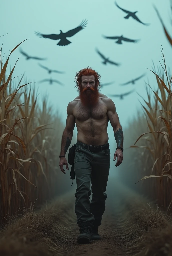 Realistic photo of red-haired man, stark, with beard, wearing no shirt, with freckles, big eyes thin nose and fleshy mouth in a dry cornfield with fog at night. photo taking in the whole body of the character who is walking among the plants. facing, and crows flying