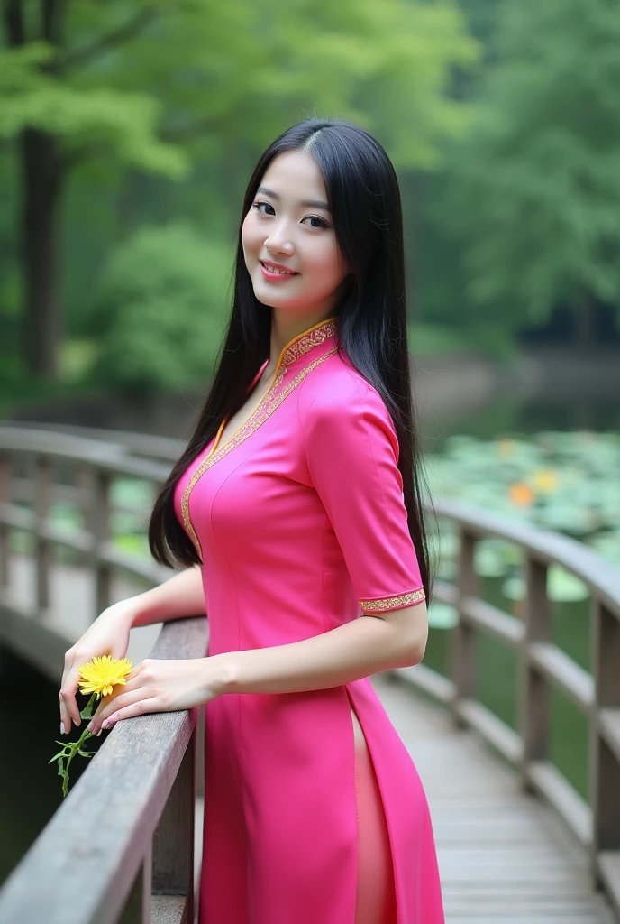 Vibrant outdoor portrait of an asian woman standing on a wooden bridge over a pond filled with lily pads. The woman has long, straight black hair and is wearing a bright pink dress with gold trim. She has fair skin and is smiling slightly, looking off to the side. She is holding onto the railing of the bridge with one hand, and a yellow flower is placed on the railing near her hand. The background features lush green foliage and trees, creating a serene and natural setting.