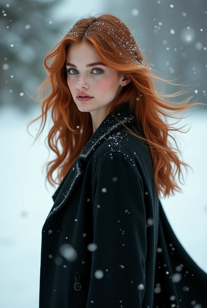 1 Sexy 2 woman with auburn hair and emerald green eyes, with a black coat in the middle of the snow while snowflakes fall in her hair