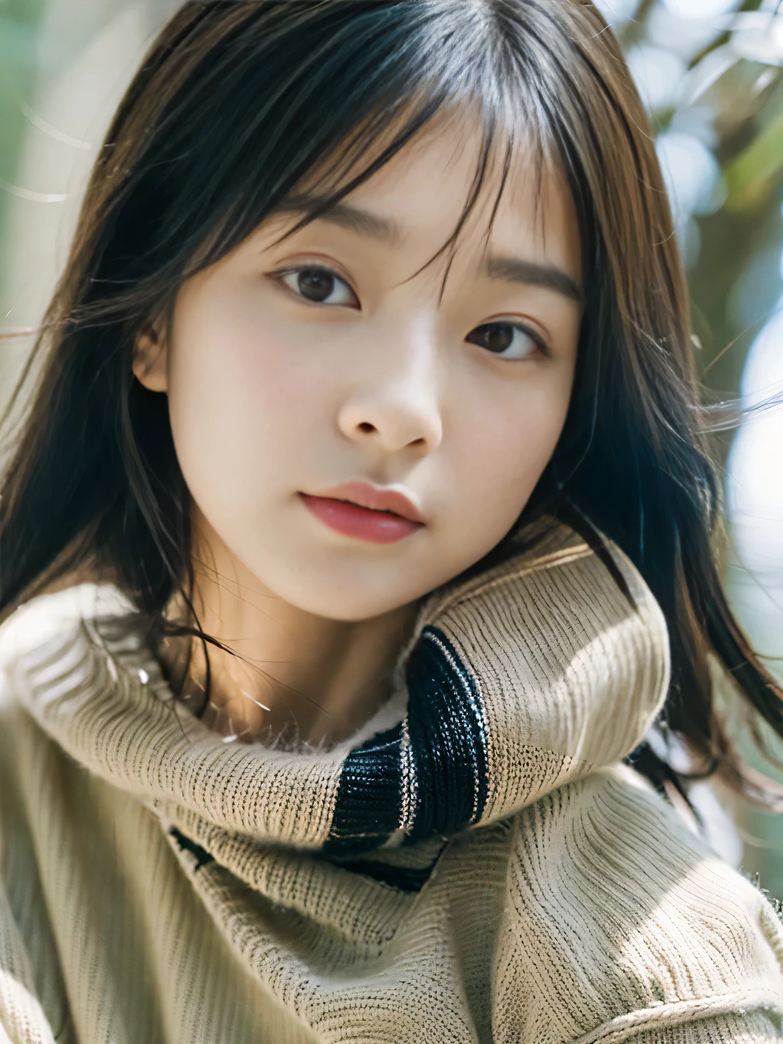 Top quality, one beautiful woman, black hair, wearing knit, 35mm lens, f/1, (Agitated:1.2), close-up shot, (from directly below:1.5)