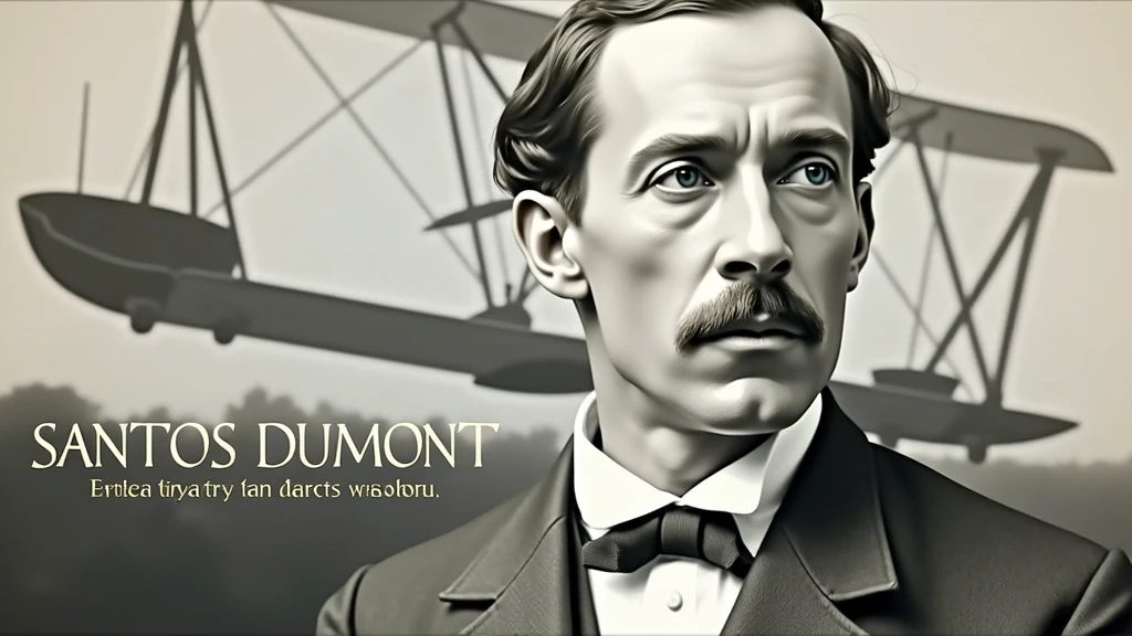 Background: background-image: Use an image that refers to the history of aviation. It could be a photo of an old runway, a blue sky or a montage with vintage aviation elements. Another option is a background that matches Santos Dumont's era., as an early 20th century setting. Color Effect: Consider a sepia tone or a slight texture to give the background a historic, vintage feel.. main image: Portrait of Santos Dumont: Place a central image of Santos Dumont. It could be a classic photo of him or a stylized illustration.. If you use an illustration, make sure it captures the essence of Dumont's pioneering spirit and personality. Historical Aircraft: Include images of your most famous inventions, like the 14-Bis or the Demoiselle, somewhere on the cover. These planes can be in the background or as part of the design.. Leading text: Video Title: Add a big, eye-catching title, as “Santos Dumont: Aviation Pioneer and His Technological Vision”. Use an elegant, easy-to-read font, like “Garamond” or “Montserrat”. Color and Effect: Use colors that contrast with the background, like white or gold. Consider adding a light shadow or outline to improve readability.. Additional Text: Subtitle or Short Description: Include shorter text that provides more context, as “Exploring the History and Innovations of the Father of Aviation”. Use a smaller font and keep the color consistent with the title, but a little less prominent. Position and Colors: Position the subtitle below the main title, ensuring that it does not overlap the main image. Use a complementary color to the main text. Graphic elements: Icons and Symbols: Add subtle aviation-related graphics, like stylized wings, old planes or aircraft parts. Position them to complement the main image and text., without overloading the cover. Borders and Dividers: Use discreet borders or dividers to separate text from images, if necessary. Logo and B