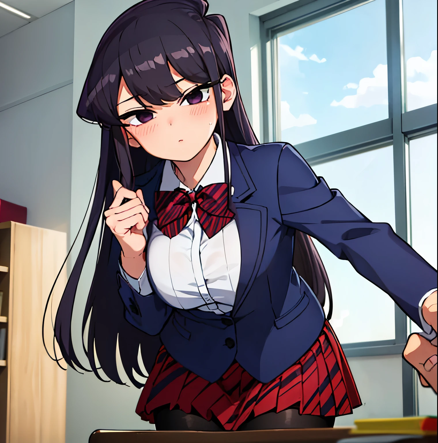 ((1girl)),((alone)),komi shouko,(masterpiece), (best quality), (ultra detailed), (best illustration), (best shadow), (absurdities), sharp focus, cowboy shot ,dynamic pose looking at viewer, big breasts, narrow waist, wide hips, medium thighs, round butt, dynamic posture, long hair, black hair, purple eyes, , black pantyhose, jacket, blue jacket, open jacket, blush, bow , bow tie, closed mouth, collared shirt, custom, cowboy shot, diagonal striped skirt, pleated skirt, red bow, red bow tie, red skirt, shirt, skirt, only, striped, striped bow, striped bow tie, striped skirt, swept bangs, white shirt , calm look, closed mouth, serious expression, (sexy pose: 1.2), ((solo)), standing: 1.3, indoor, school, classroom, desks, desk, window, dusk, looking forward , ((focus on hips), point of view (from below), red blush, perfect anatomy, perfect hands.