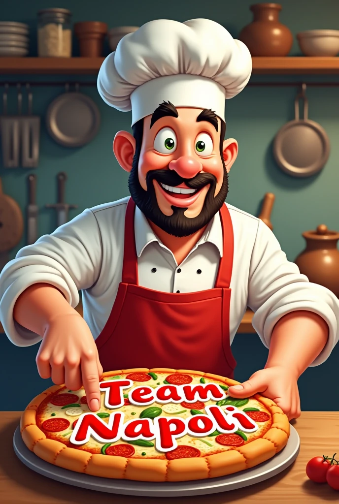 Cartoon of a sexy man from reality TV Manuel Napoli dressed as a chef preparing a pizza that says team napoli inside 