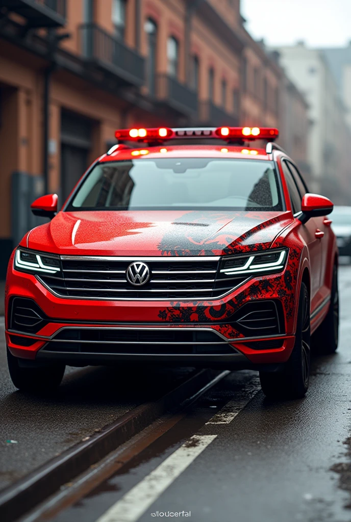 Make me photo where VW Touareg looks like fire extinguisher