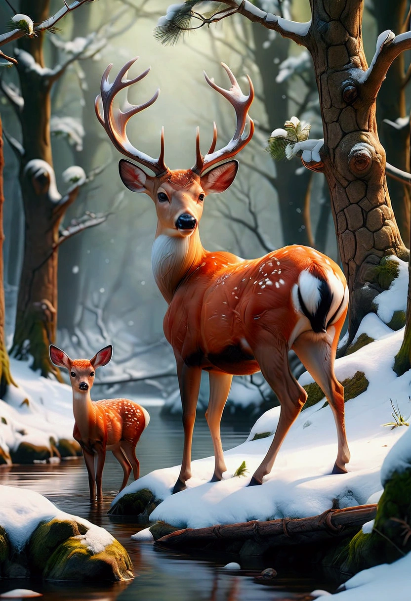 Snow Scenery, Secluded narrow winding river surrounded by snow covered oak and evergreen trees, a deer and doe drinking at the river, beautiful winter day, detailed matte painting, deep color, fantastical, intricate detail, splash screen, complementary colors, fantasy concept art, 8k resolution trending on Artstation Unreal Engine 5, masterpiece, best quality, very aesthetic, absurdres
