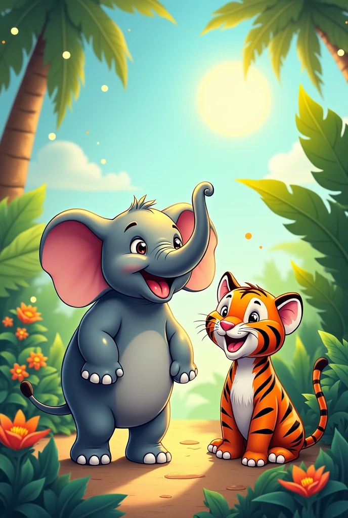 Create a cartoon laughing elephant and tiger