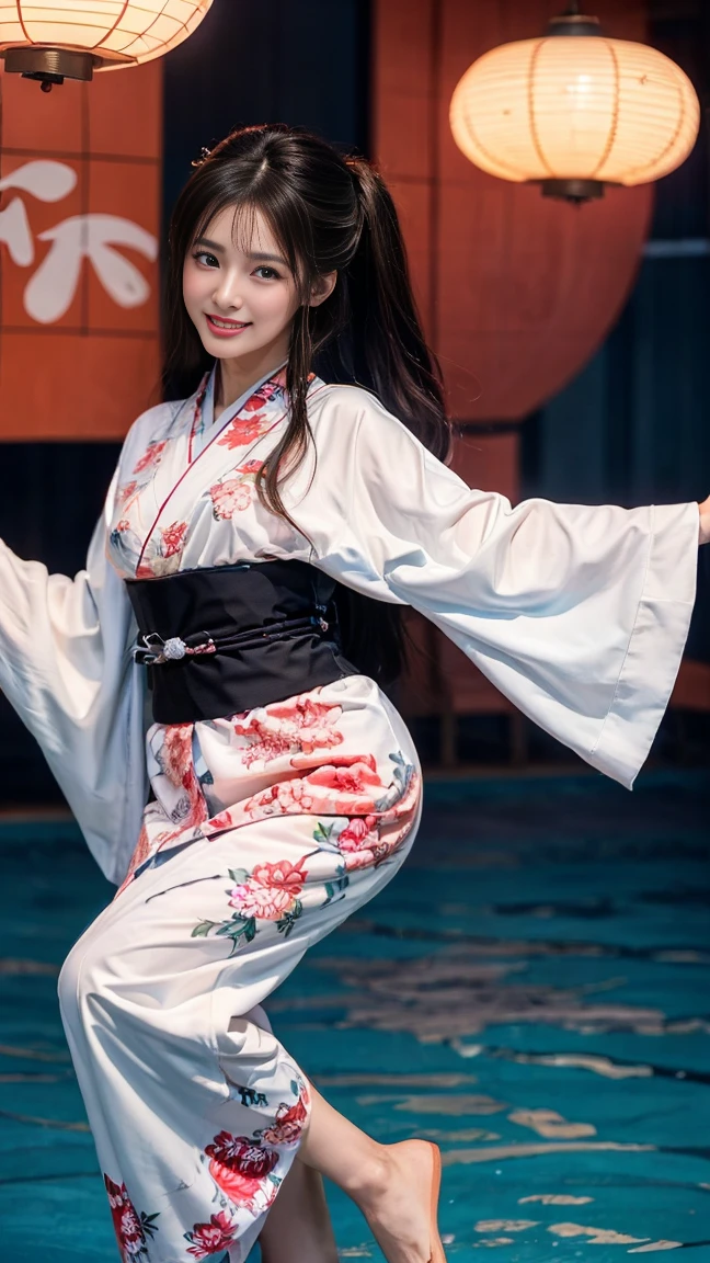 (SeaArt creates stunning illustrations of beautiful women in kimono)、Vividly colored Japanese Ukiyo-e style illustrations、A beautiful woman smiles and shows her upper white teeth、Brown-black long hair、Beautiful full body style、If you want to dance, let&#39;s dance, Tokyo Ondo, Yoi Yoi、Beautiful new digital paintings,、Bright vibrant digital anime art、 Beautiful anime portraits、background,Japanese shrine torii gate front、 Detailed digital anime art、