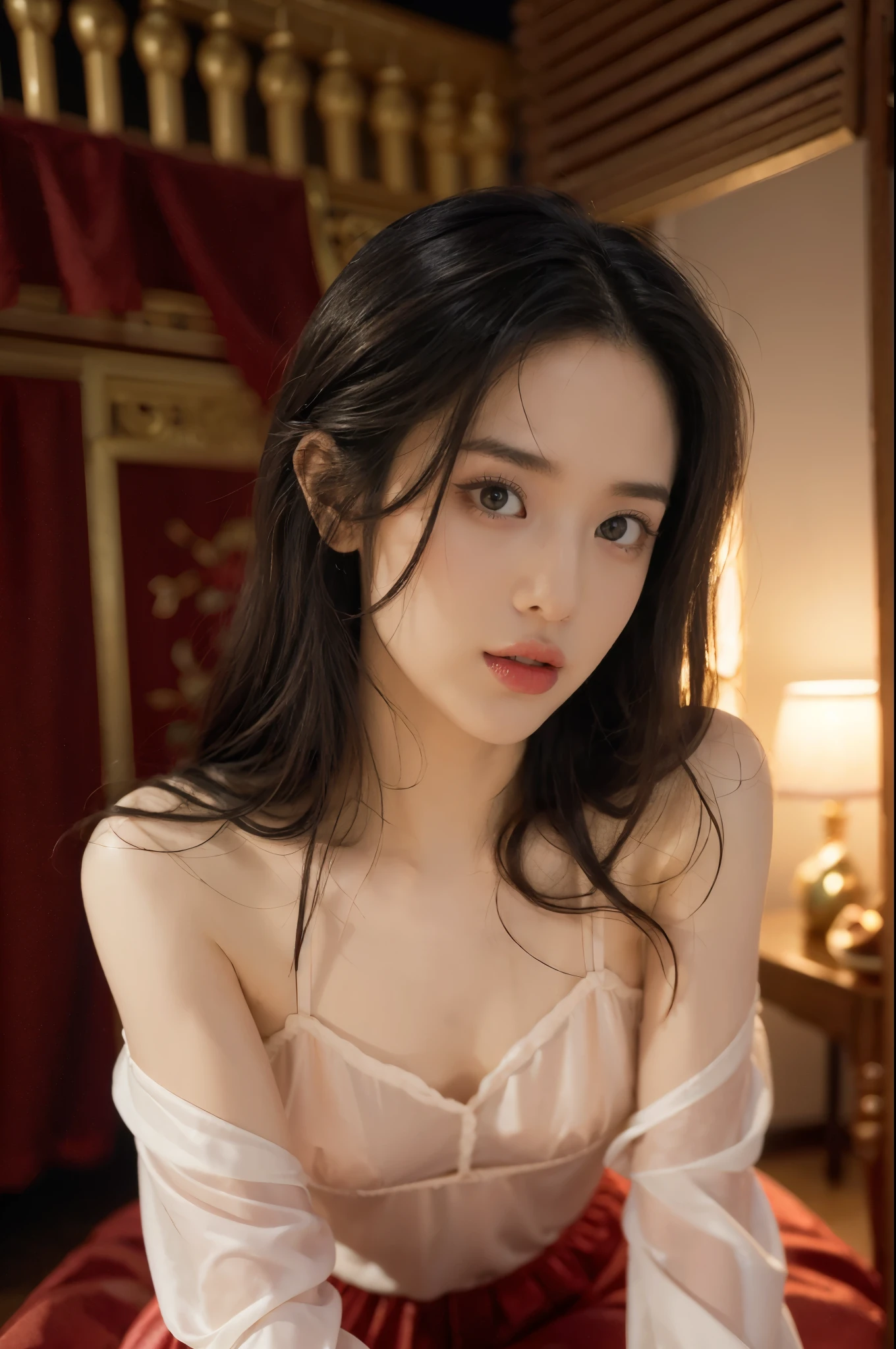 (((best quality))),(((ultra detailed))),(((masterpiece))),illustration,((a beautiful girl,solo)),(shoulder length wavy hair:1.2),((slim,thin)),((small breasts,flat chest)),(dimly lit massage room:1.3),pink lighting,(slender legs:1.2),(pantyhose:1.3),(standing:1.3),((seductive makeup,thick eyeliner,red lips)),soft pinks,mauves,tasteful artwork,suggestive atmosphere,luxurious sheets,seductive gaze,alluring demeanor,temptation,(night scene:1.3),((from front,upper body))