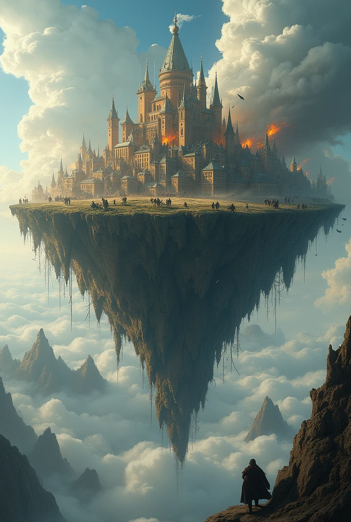a medieval metropolis on a flying island amidst the clouds, in free fall and being destroyed and burn falling sideways and collapsing