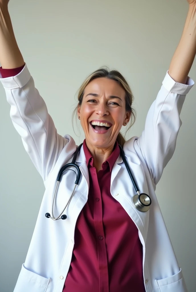 An obstetrician from the torso up who is happy and with her arms celebrating, that has a formal cherry blouse and a white formal jacket. tied hair