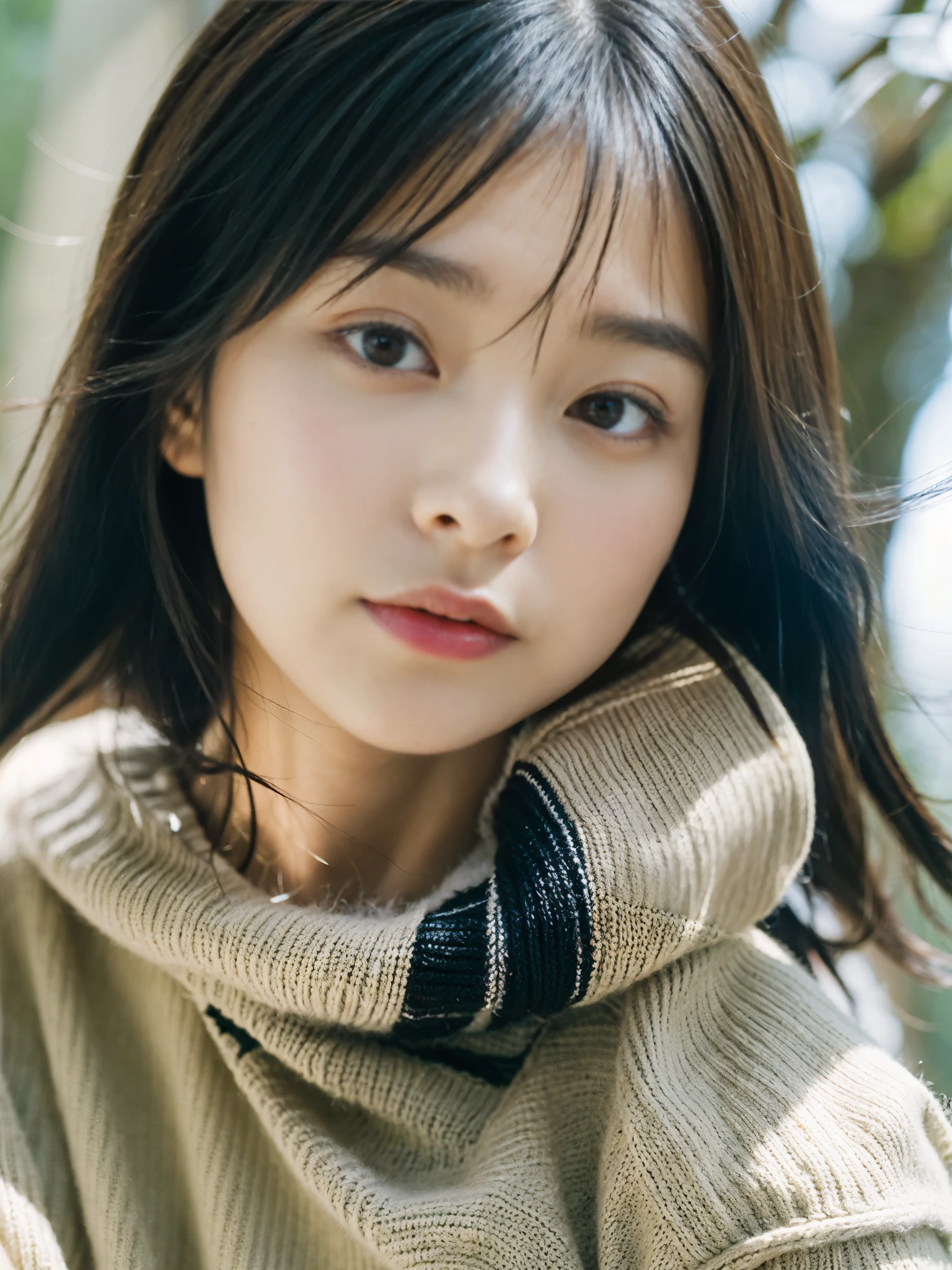 Top quality, one beautiful woman, black hair, wearing knit, 35mm lens, f/1, (Agitated:1.2),  close-up shot, (from directly below:1.5)