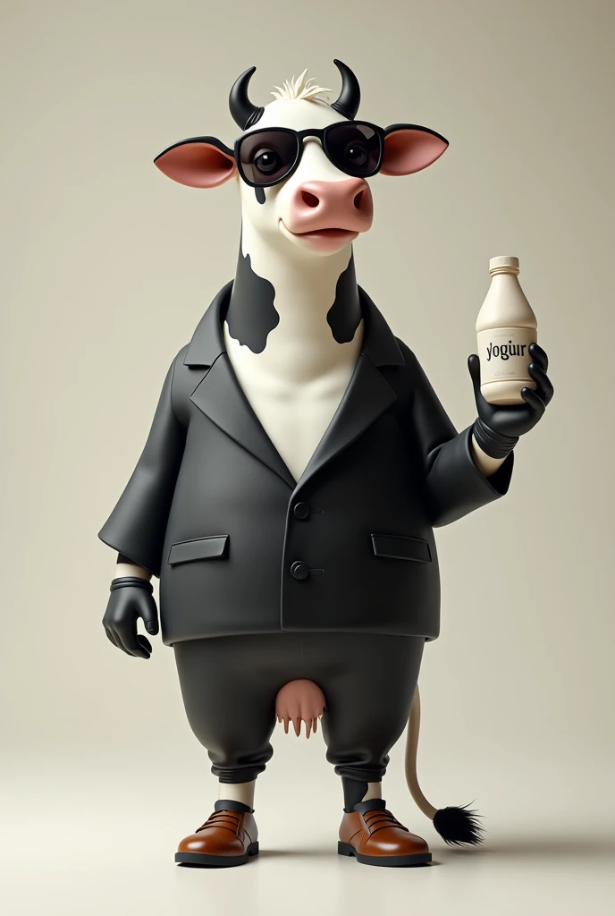 A white cow with black spots, Median, high, He is smiling, 2-legged stand, dressed in a black full-body suit with pants, has no udder, She doesn&#39;t have tits , with brown shoes, with black leather gloves, with black sunglasses, holding a bottle of yogurt in his right hand.