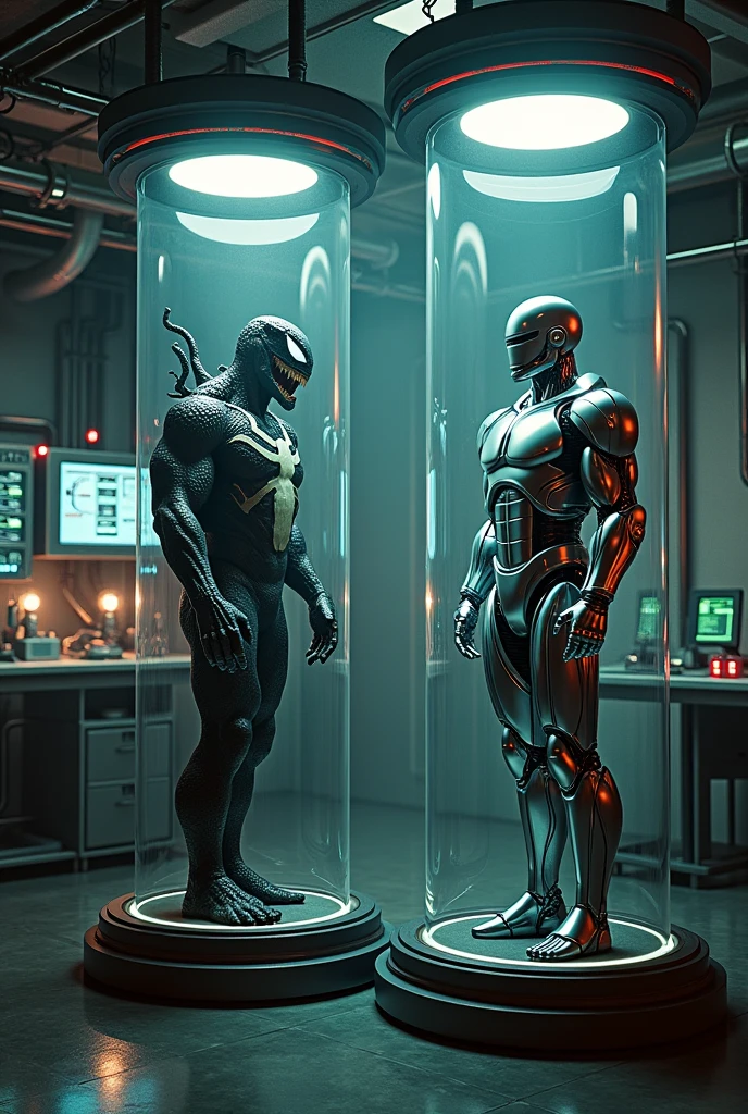 "Venom and Robocop are contained within a high-tech genetic research facility. The setting is dark and eerie, with dim lighting casting long shadows on the metallic surfaces. Venom, with his dark, muscular, and fluid-like form, is encased within a large glass cylinder on the left, tendrils of his symbiotic mass pressing against the transparent walls. On the right, Robocop, with his gleaming, silver metallic armor, stands motionless within a similar glass cylinder. Both cylinders are connected by complex wiring and machinery, with red and green lights blinking ominously. The background features advanced lab equipment, scientific monitors displaying data, and a faint mist that adds to the mysterious atmosphere."
