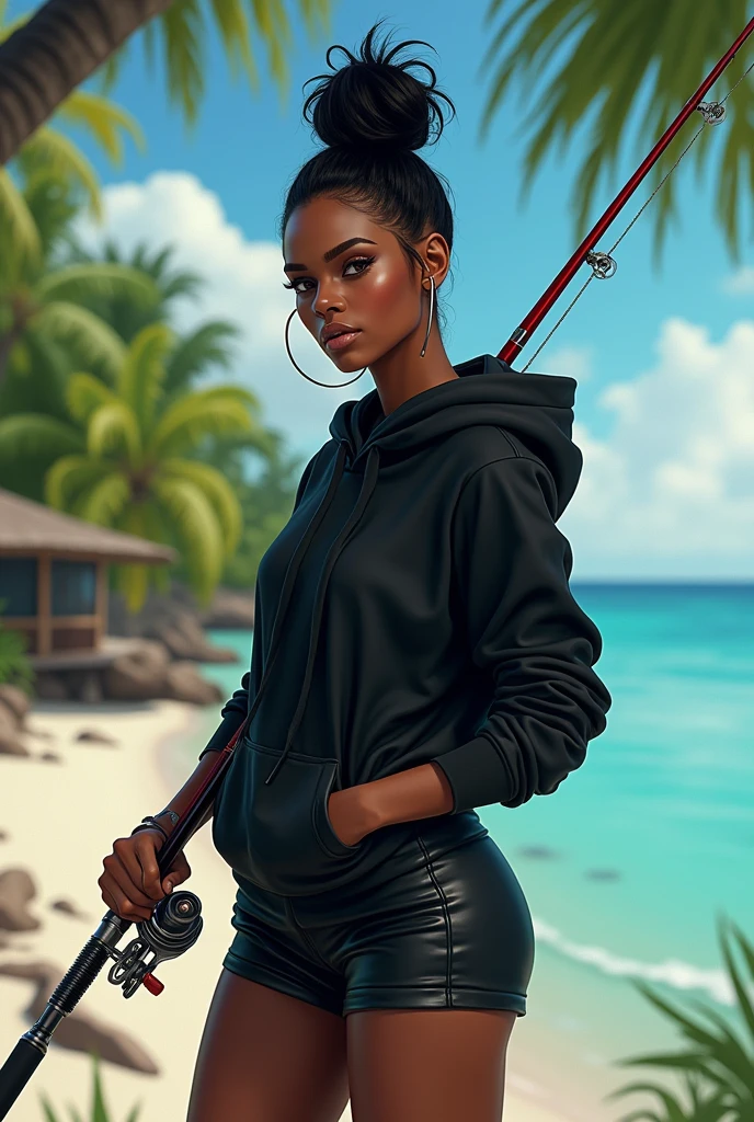 There's a woman kneeling on the floor with a skateboard., ebony skin, Lara Croft Relaxante, Desportivo, quente e ensolarado altamente detalhado, pele bronzeada lisa, pele bronzeada), epic 3 d oshun, Asuka como modelo de surfista, Tifa Lockhart, pele bronzeada profunda, Tiro Giantess altamente detalhado, sporty physique, pele bronzeada, Tifa, Pose casual