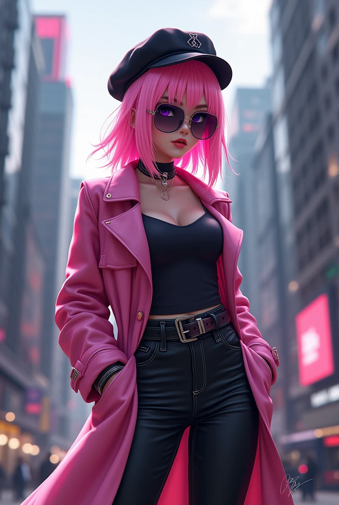 4k, realistic, high detailed, super eyes detailed, fashion clothes, pink trenchcoat, french beret, black pants with belt, long hair, in the city,  pink hair, purple eyes, yae miko, wearing trendy sunglasses,